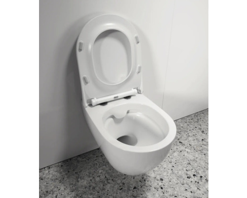 Wandhängendes WC mit offenem Spülrand und hochgeklapptem Sitz