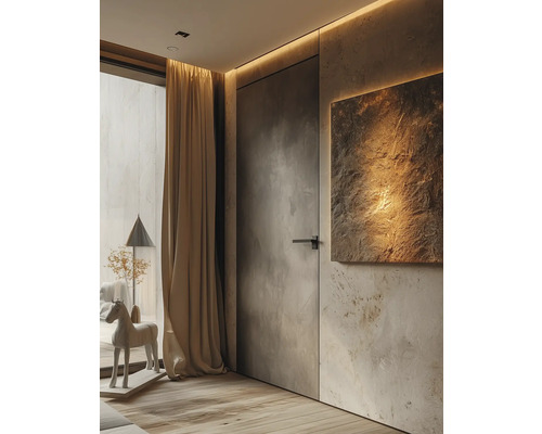 Innenarchitektur mit Tür, Vorhang, Kunstwerk und Dekoration
