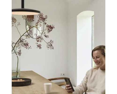 Esszimmer mit Esstisch, Hängelampe, Spiegel und Blumenvase