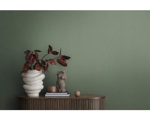 Nahaufnahme einer grünen Strukturtapete als Hintergrund für ein Interieur mit Pflanze, Dekoration und Möbelstück