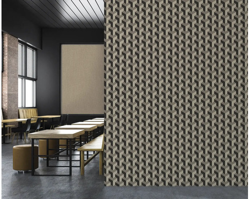 Raumbild mit Tapete mit geometrischem Würfelmuster
