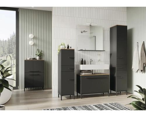 Modernes Badezimmer mit Waschbecken, Spiegelschrank und Badmöbeln in Grau