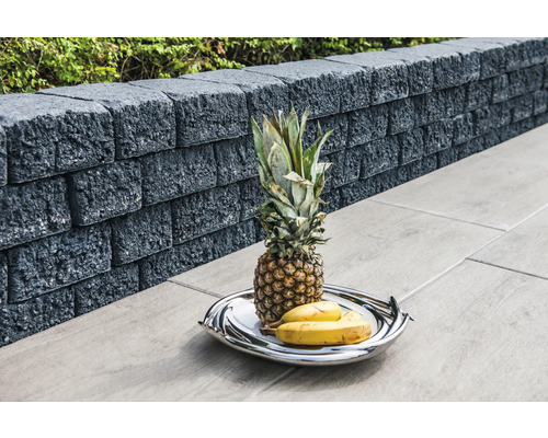 Gartenmauer aus Betonsteinen mit Ananas und Bananen auf einem Serviertablett