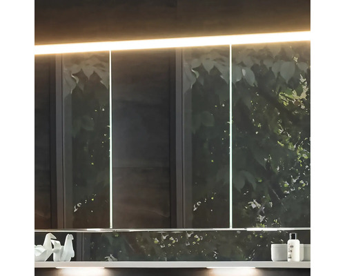 Modernes Badezimmer mit beleuchteten Spiegelschränken und floralem Muster