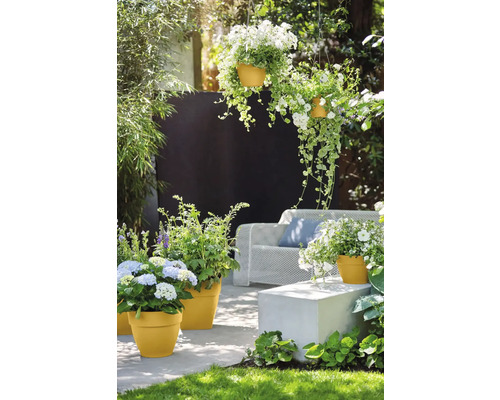 Garten mit Blumen in Pflanzgefäßen und Hängekörben sowie Gartenmöbeln