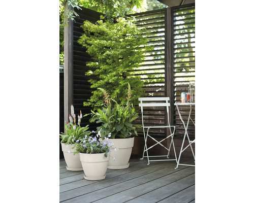 Terrasse mit Pflanzen in Pflanzgefäßen, Sichtschutzwand, Gartentisch und Gartenstuhl