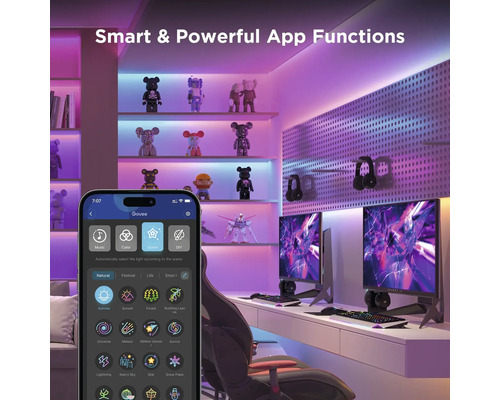 Intelligente App-Funktionen in einem Gaming-Zimmer mit LED-Beleuchtung, die über eine Smartphone-App gesteuert wird.