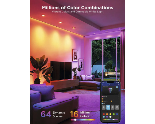 Wohnzimmer mit intelligenter LED Beleuchtung, die durch eine Smartphone App gesteuert wird und verschiedene Farbkombinationen ermöglicht