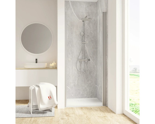 Duschtür in Nische mit Drehtür SCHULTE Garant 2.0 ExpressPlus 90 x 200 cm Profil aluminium Klarglas schmutzabweisende Glasbeschichtung Türanschlag rechts Helles Badezimmer mit Dusche, Waschbecken und Spiegel