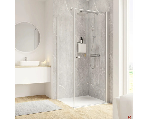 Duschtür mit Seitenwand mit Drehtür SCHULTE Garant 2.0 ExpressPlus 90 x 90 x 200 cm Profil aluminium Klarglas schmutzabweisende Glasbeschichtung Türanschlag rechts Seitenwandanschlag links Badezimmer mit Duschkabine, Waschbecken und Spiegel