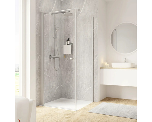 Duschtür mit Seitenwand mit Drehtür SCHULTE Garant 2.0 ExpressPlus 90 x 90 x 200 cm Profil aluminium Klarglas schmutzabweisende Glasbeschichtung Türanschlag links Seitenwandanschlag rechts Duschkabine mit Kopfbrause, Handbrause und Ablage im Badezimmer
