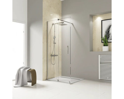 Walk In mit Gleittür/Schiebetür SCHULTE Toura ExpressPlus 120 x 200 cm Profil chrom Klarglas schmutzabweisende Glasbeschichtung Türanschlag links Duschkabine aus Glas mit Regendusche und Handbrause im Badezimmer