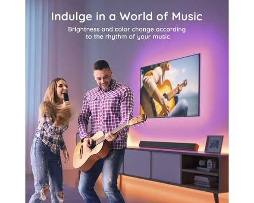 Ein Mann spielt Gitarre und eine Frau singt mit einem Mikrofon in einem Wohnzimmer mit einem Fernseher.