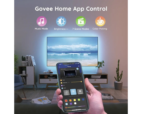 Wohnzimmer mit Govee Home App gesteuerten TV-Hintergrundbeleuchtung.