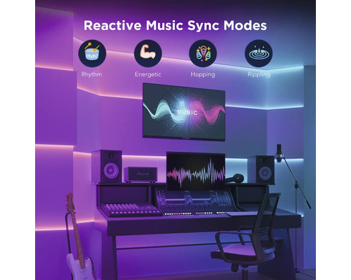 Musikstudio mit Mischpult, Lautsprechern, Gitarre und LED-Streifen mit verschiedenen Modi zur Musiksynchronisation: Rhythmus, Energie, Hüpfen und Wellen.