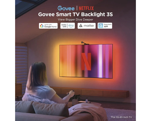 Govee Smart TV Hintergrundbeleuchtung 3S mit Kompatibilität zu Google Home und Alexa in Wohnzimmerumgebung