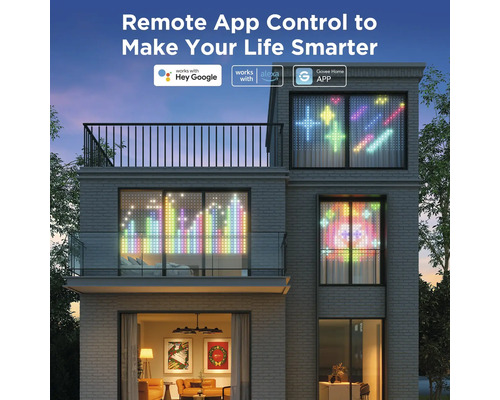 Mehrstöckiges Haus mit Fensterbeleuchtung, die per App gesteuert wird