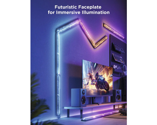 Zimmer mit futuristischer Wandleuchte, Fernseher und Lautsprechern für immersive Beleuchtung