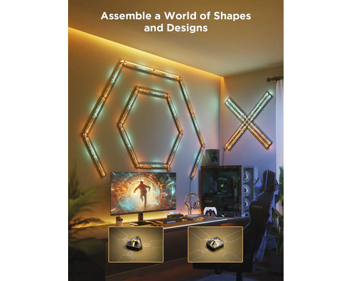 Zimmer mit LED-Lichtleisten in geometrischen Formen an der Wand über einem Computertisch