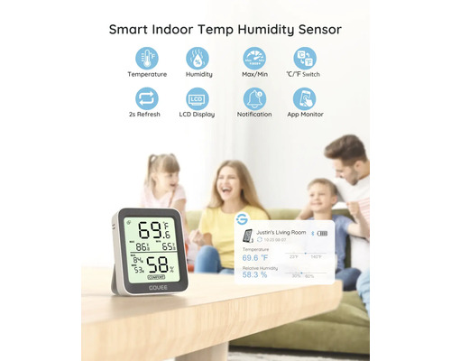 Intelligenter Temperatur- und Feuchtigkeitssensor für Innenräume mit LCD Display und App Überwachung.