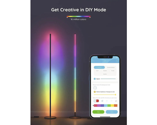 Zwei LED-Stehleuchten mit Farbwechselfunktion und ein Smartphone mit App zur Steuerung der Leuchten