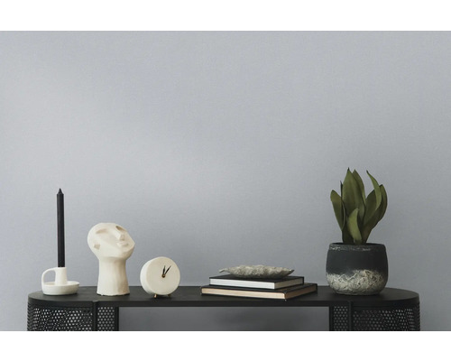 Dekorationselemente auf einem Regal, darunter eine Kerze, eine Büste, eine Uhr, Bücher, eine Schale und eine Zimmerpflanze.