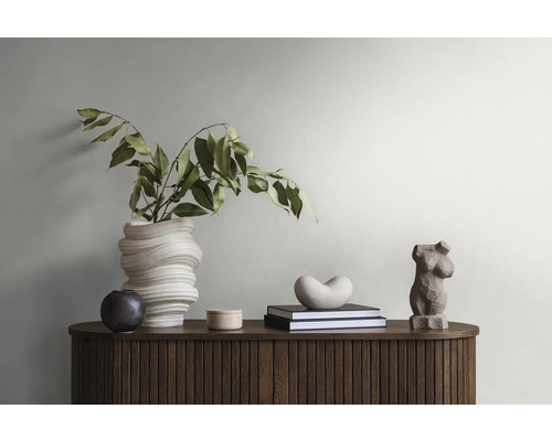 Dekoratives Arrangement mit Vase, Pflanzen, Büchern und Skulpturen auf einem Holzschrank