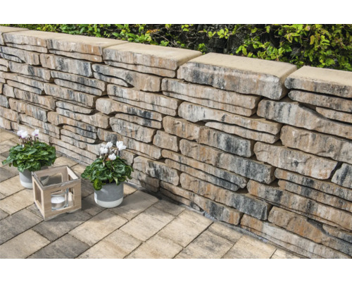 Gestapelte Steinmauer mit Pflanzen und einer Laterne im Garten.