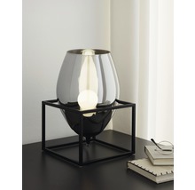 Tischleuchte mit Glaskörper und Metallgestell auf einem Tisch