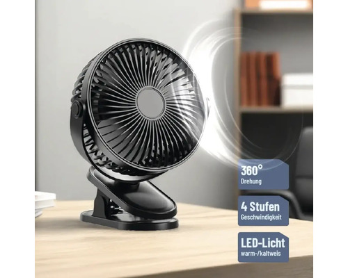 Clipventilator mit LED-Licht und Geschwindigkeitsstufen auf einem Tisch