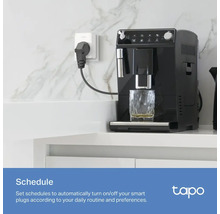 Szene mit einer Kaffeemaschine, die an eine smarte Steckdose angeschlossen ist, um einen Zeitplan für die automatische Steuerung zu demonstrieren
