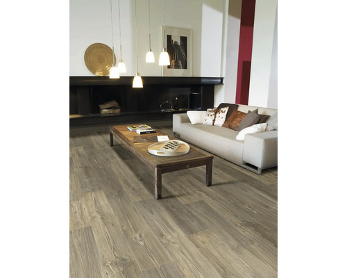 Wohnzimmer mit Holzboden, Sofa und Couchtisch