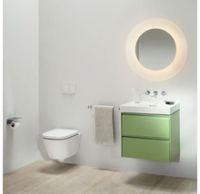 Modernes Badezimmer mit Wandtoilette, Waschtischunterschrank in Grün und rundem Spiegel mit Beleuchtung