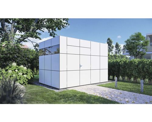 Gartenhaus Bertilo Design HPL 2 345 x 236 cm anthrazit-weiß Modernes Gartenhaus mit Fassade und Tür auf Rasenfläche
