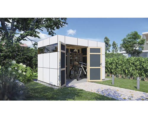 Modernes Gartenhaus mit geöffneten Türen, Fahrrädern und Regalen im Inneren.