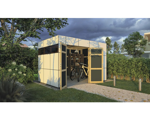 Gartenszene mit offenem Geräteschuppen, Fahrrädern und Regal