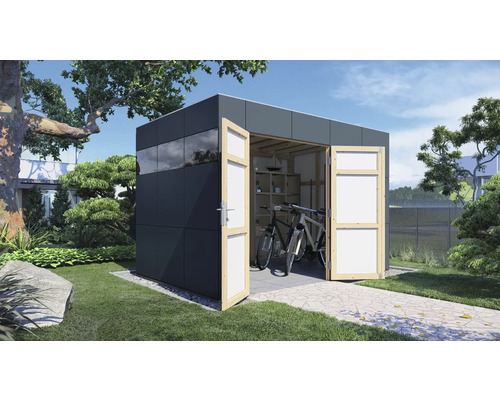 Gartenhaus mit geöffneten Türen, darin Fahrräder und Regale