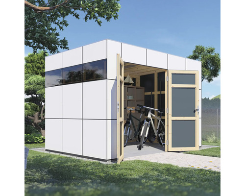 Modernes Gartenhaus mit Fahrrädern und Regalen