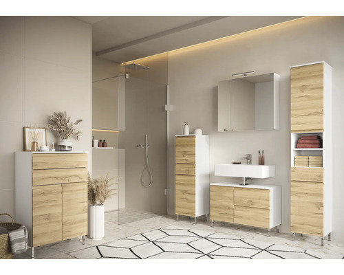 Modernes Badezimmer-Set mit Waschbecken, Spiegelschrank und Stauraum