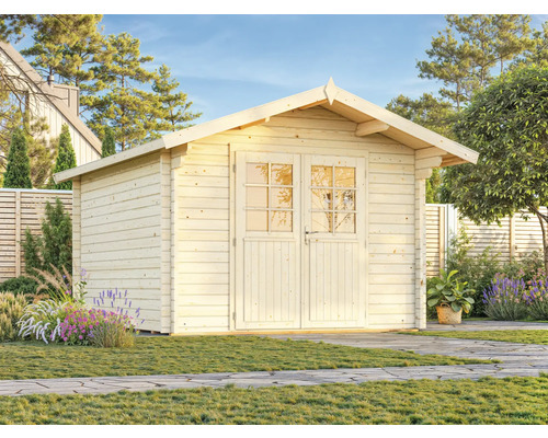 Gartenhaus aus Holz mit Doppeltür und Fenstern im Garten.