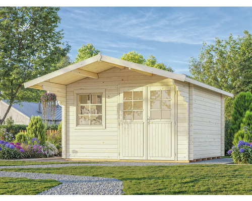 Holzgartenhaus mit Fenster und Doppeltür im Garten