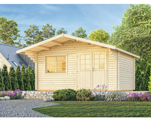 Holzgartenhaus mit Fenster und Doppeltür in einem Garten