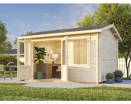 Holzgartenhaus mit geöffneten Doppeltüren, Fenster und Büromöbeln im Inneren