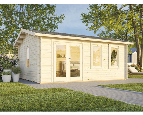 Holz Gartenhaus mit Fenstern und Doppeltür im Garten