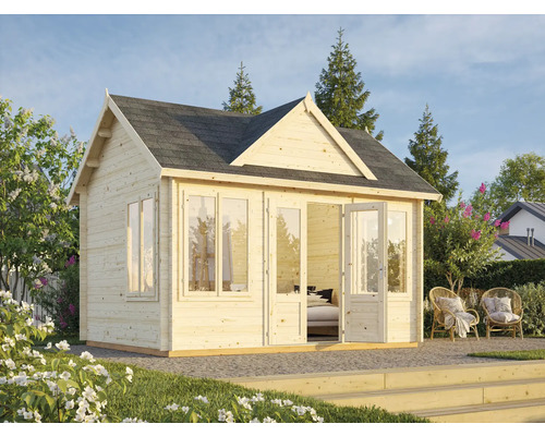 Holzgartenhaus mit Doppeltür und Sprossenfenstern im Garten