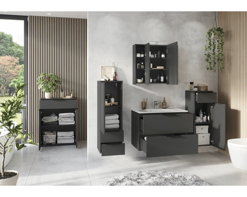 Badezimmerensemble mit Waschtisch, Spiegelschrank, Hochschrank und Unterschrank in modernem Design