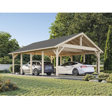 Doppelcarport aus Holz mit zwei Autos im Garten