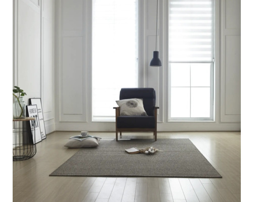 Wohnraum mit Teppich, Sessel und Tageslichtrollos für Fenster