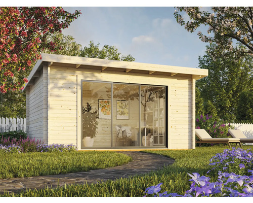 Gartenhaus mit Schiebetür aus Glas und naturbelassenem Holz