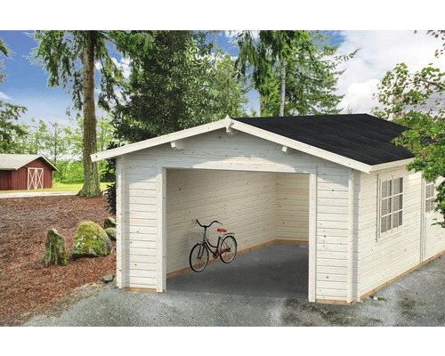 Holzgarage mit Fenster und einem Fahrrad im Inneren
